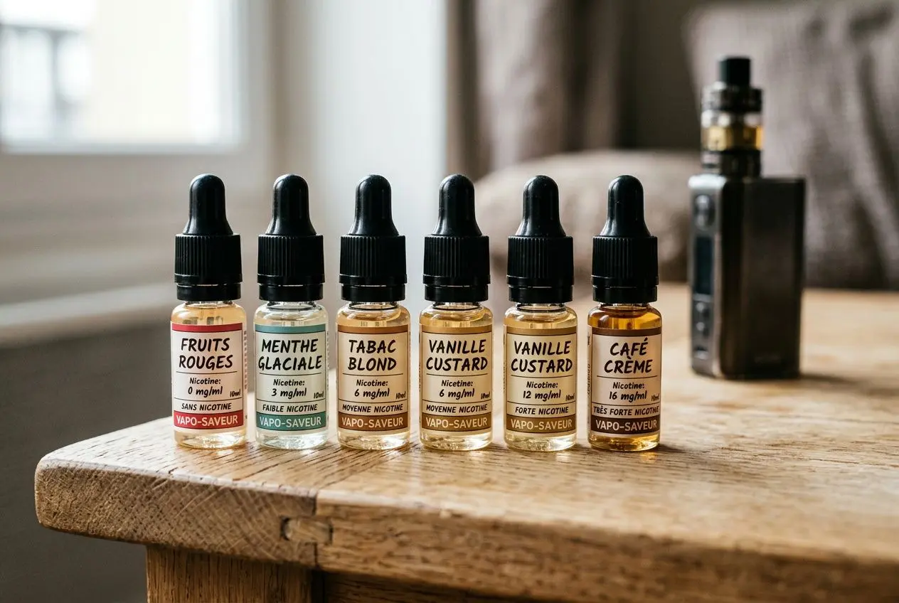 Six flacons d’e-liquide avec pipettes sur une table en bois, étiquetés par saveurs variées comme fruits rouges, menthe glaciale, tabac blond, vanille custard et café crème. e-liquide nicotine dosage conseils intégré naturellement.
