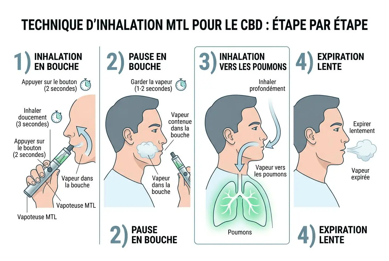 Technique d’inhalation MTL pour le CBD étape par étape, montrant l’inhalation en bouche, pause, inhalation profonde et expiration lente. comment vapoter du cbd présent.