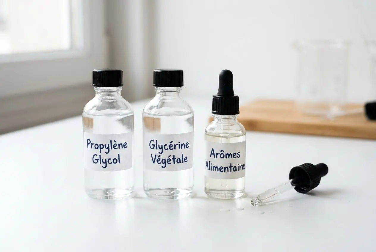 Trois flacons clairs étiquetés « Propylène Glycol », « Glycérine Végétale » et « Arômes Alimentaires », with dropper.