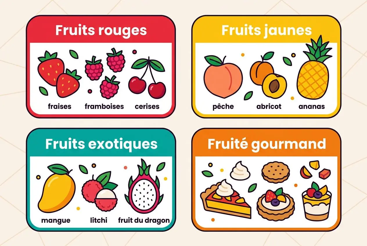 Associations de fruits par catégorie: fraises, framboises et cerises; pêches, abricots et ananas; mangue, litchi et fruit du dragon; gâteaux et desserts gourmands. Mot clé intégré: recette diy e-liquide gourmand.