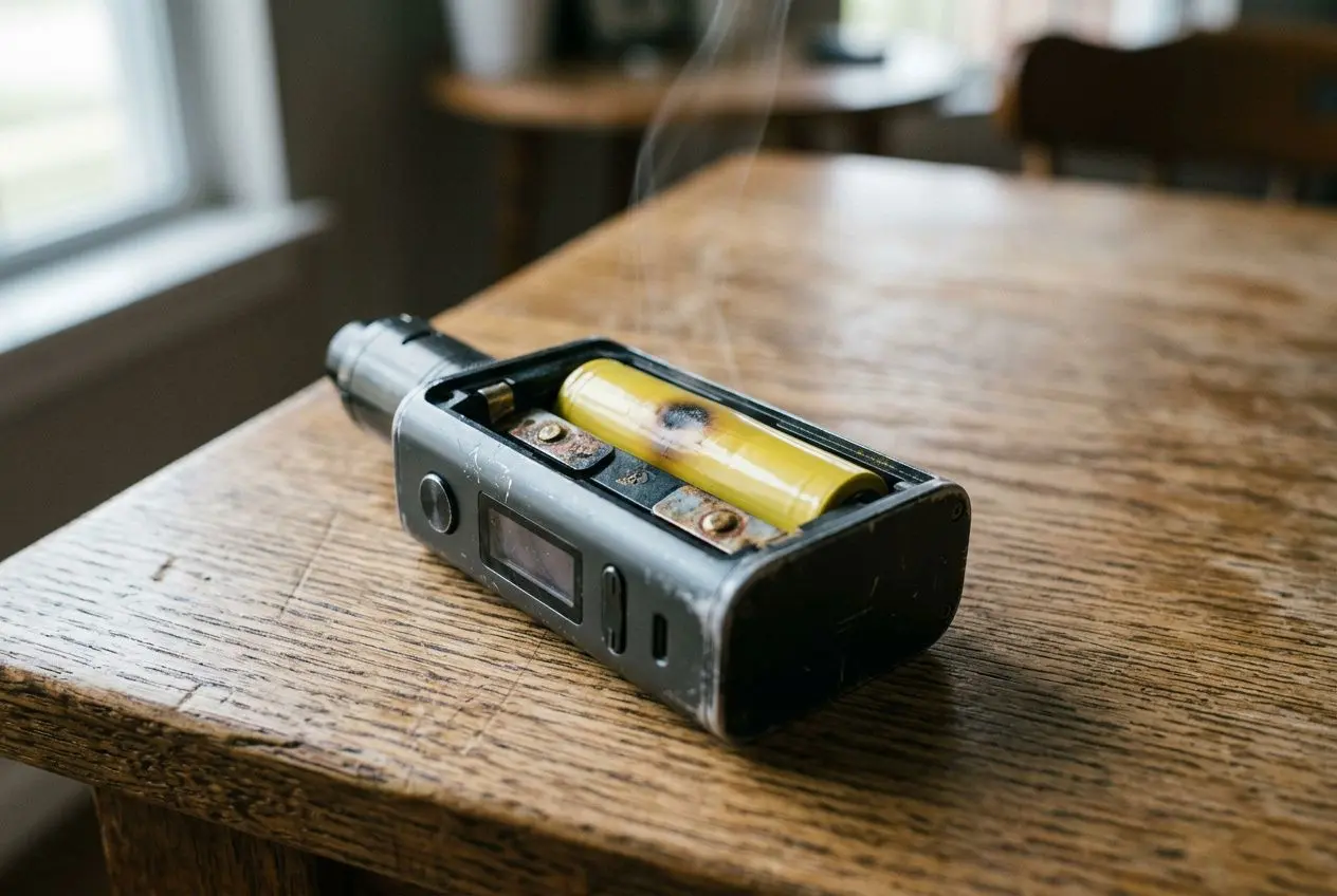 Batterie de cigarette électronique brûlante démontée sur une table, dégagement de fumée et composants visibles. Batterie cigarette électronique brûlante en délicatesse de sécurité.