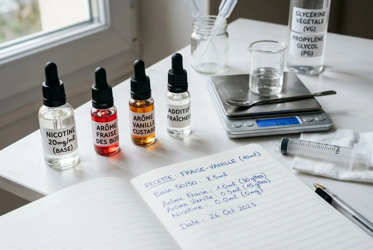 Bouteilles e-liquide avec pipettes sur une table, balance, carnet de recettes et ingrédients; illustration d’erreurs courantes fabrication e-liquide en diy.