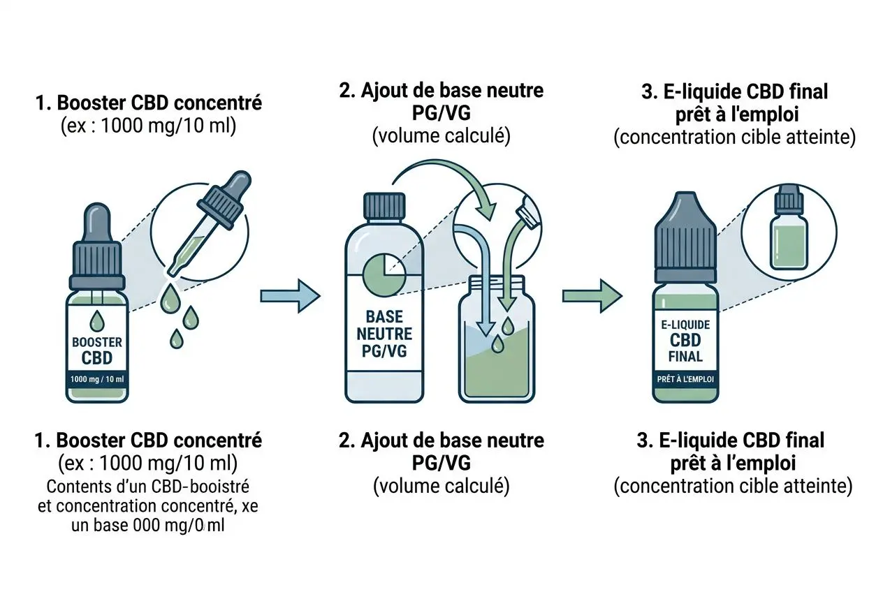 Cbd en cigarette électronique: schéma de préparation étape par étape avec booster concentré, base neutre PG/VG et e-liquide final prêt à l’emploi.