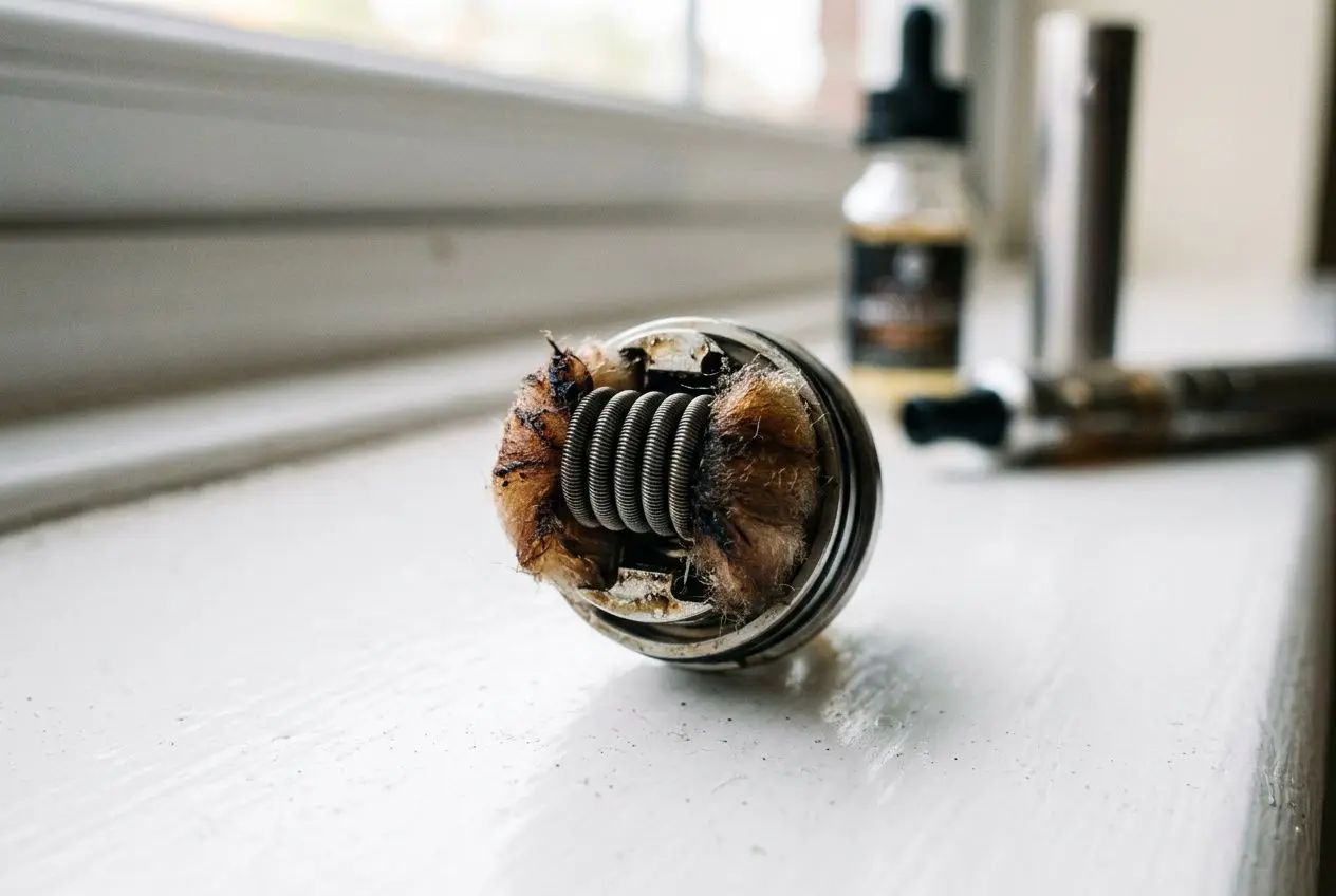 Cigarette électronique qui brûle : résistance usée et voile de coton brûlé dans l’atomiseur déchargé.