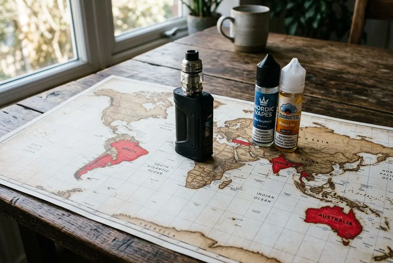 Cigarette électronique et vapoteuse posées sur une carte du monde; deux flacons d’e-liquide et une box vape sur une table en bois près d’une fenêtre. cigarette électronique interdite pays 2025