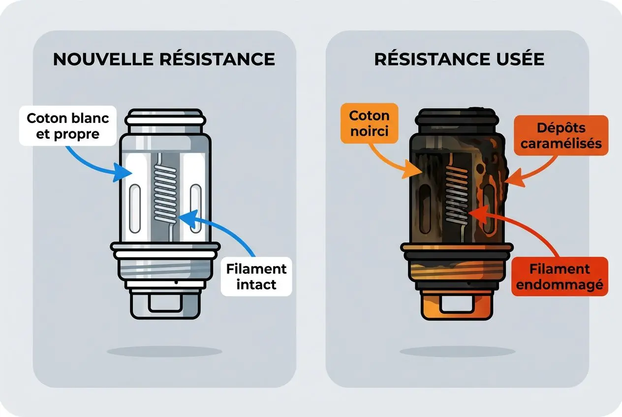 Comparatif: nouvelle résistance saine avec coton propre et filament intact, et résistance usée montrant coton noir, dépots caramelisés et filament endommagé pour une cigarette électronique qui brûle