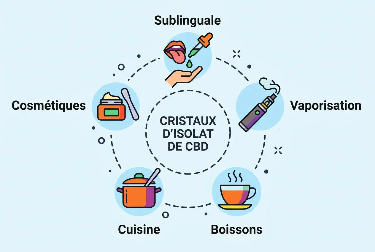 Cristaux d’isolat de CBD au centre, entourés par les usages: Sublinguale, Vaporisation, Boissons, Cuisine, Cosmétique. Pour l’isolat cbd utilisation.