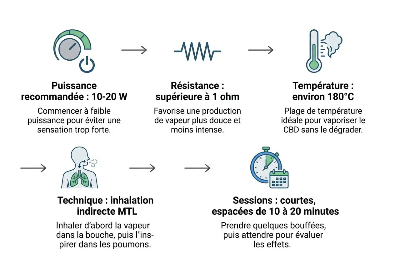 Description de l’image: schéma procédural sur vapoter cbd effet, montrant étapes: puissance recommandée 10-20 W, résistance >1 ohm, température autour de 180°C, inhalation indirecte MTL et sessions courtes de 10-20 minutes.