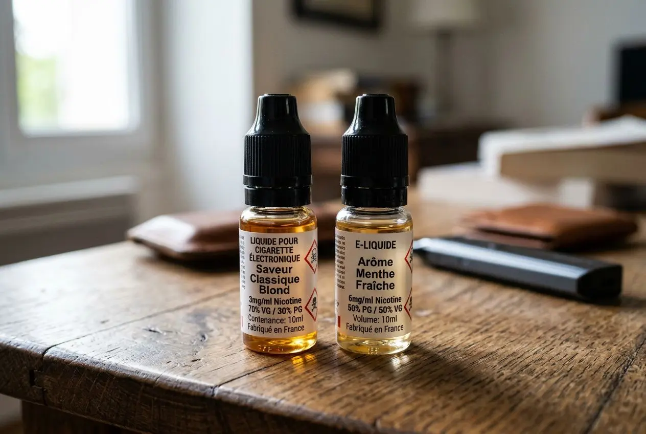 Deux flacons d’e-liquide sur une table en bois, l’un décrit comme Saveur Classique Blond et l’autre Arôme Menthe Fraîche. e-liquide 50/50 ou 70/30 intégré naturellement.