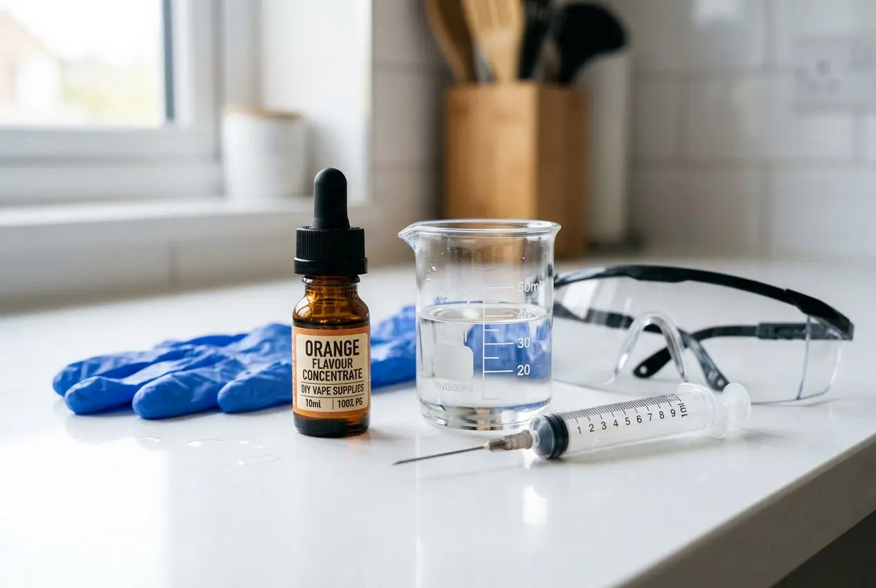 Différentes matières pour dosages arôme: flacon d’arôme concentré, pipette, bécher gradué et gants, avec lunettes de sécurité à côté. dosage arôme diy et matériel de préparation.