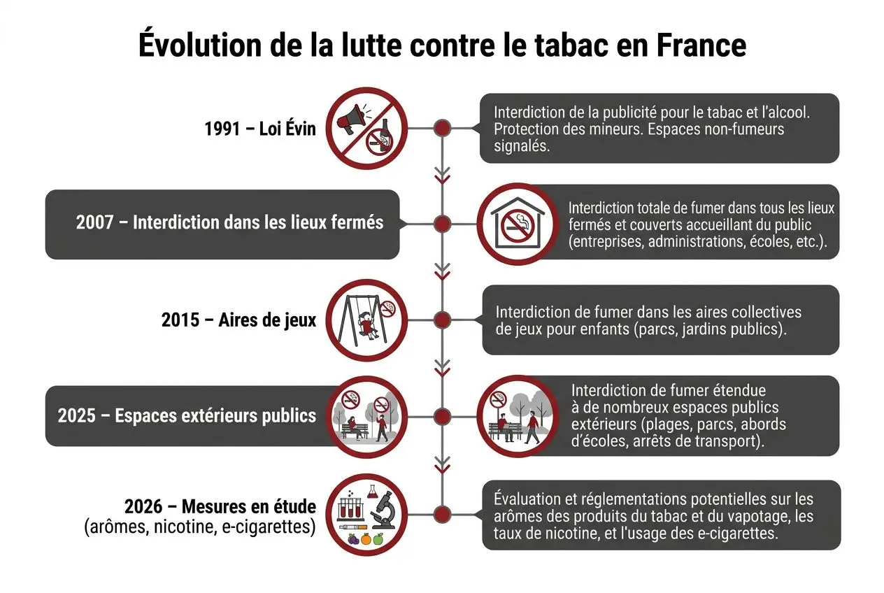 Évolution de la lutte contre le tabac en France, fiche chronologique illustrant les interdictions et mesures: 1991 Loi Évin, 2007 lieux fermés, 2015 Aires de jeux, 2025 Espaces publics extérieurs, 2026 études et régulations sur arômes et e-cigarettes. Interdiction fumer lieu public france.