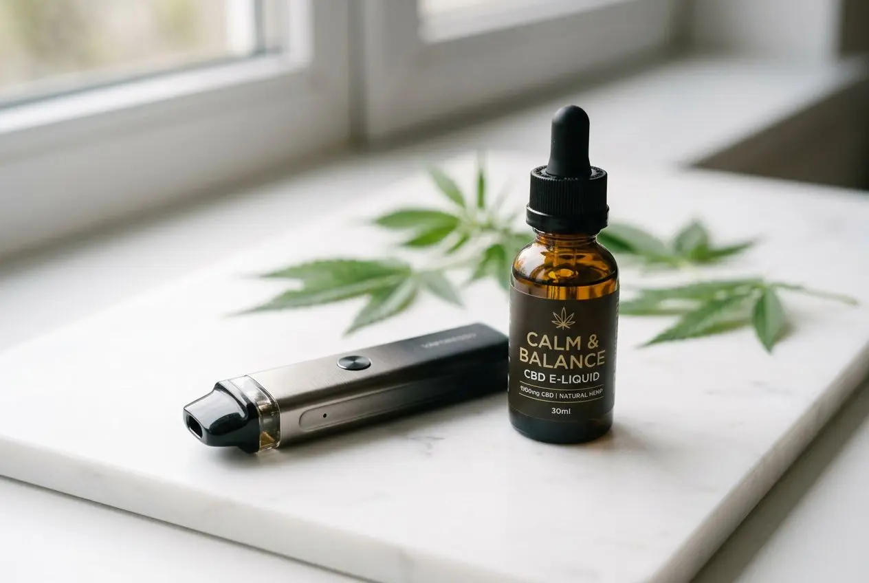 Flacon de CBD en e-liquide Calm & Balance à côté d'un vapoteur sur une tablette, feuilles de cannabis décoratives en arrière-plan. Cbd en cigarette électronique.