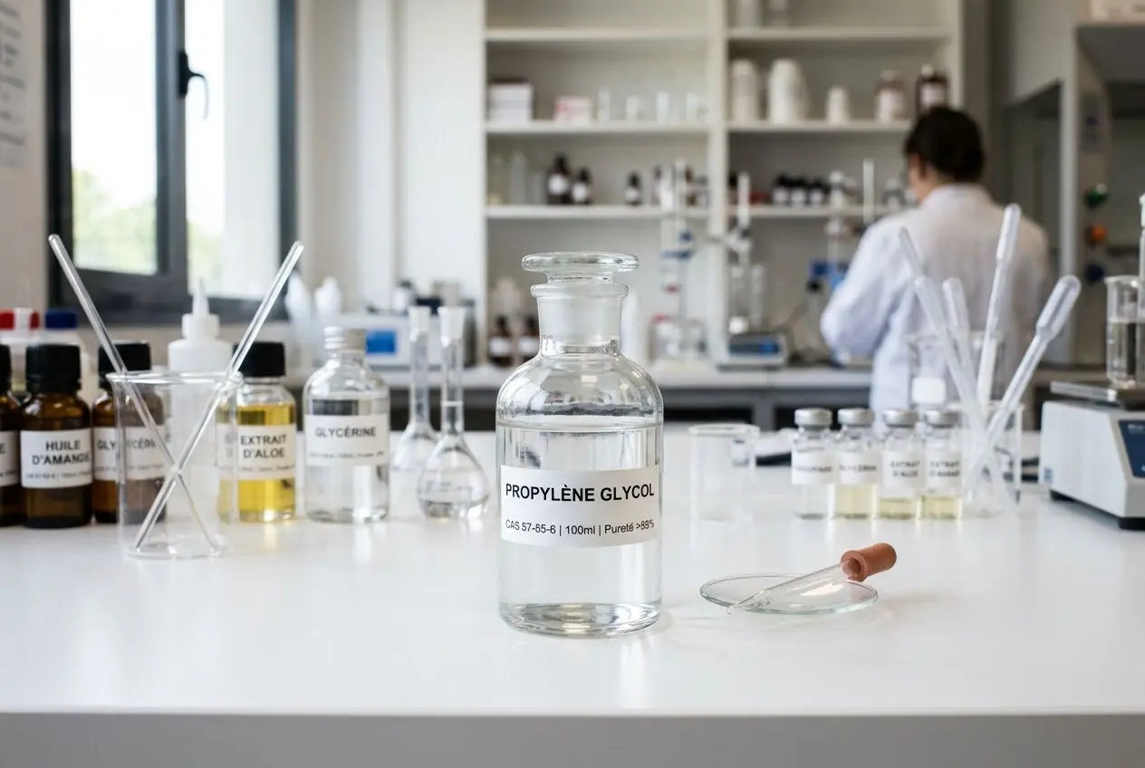 Flacon de propylène glycol cosmétique au centre d’un laboratoire, entouré de flacons et pipettes, chercheurs au fond.