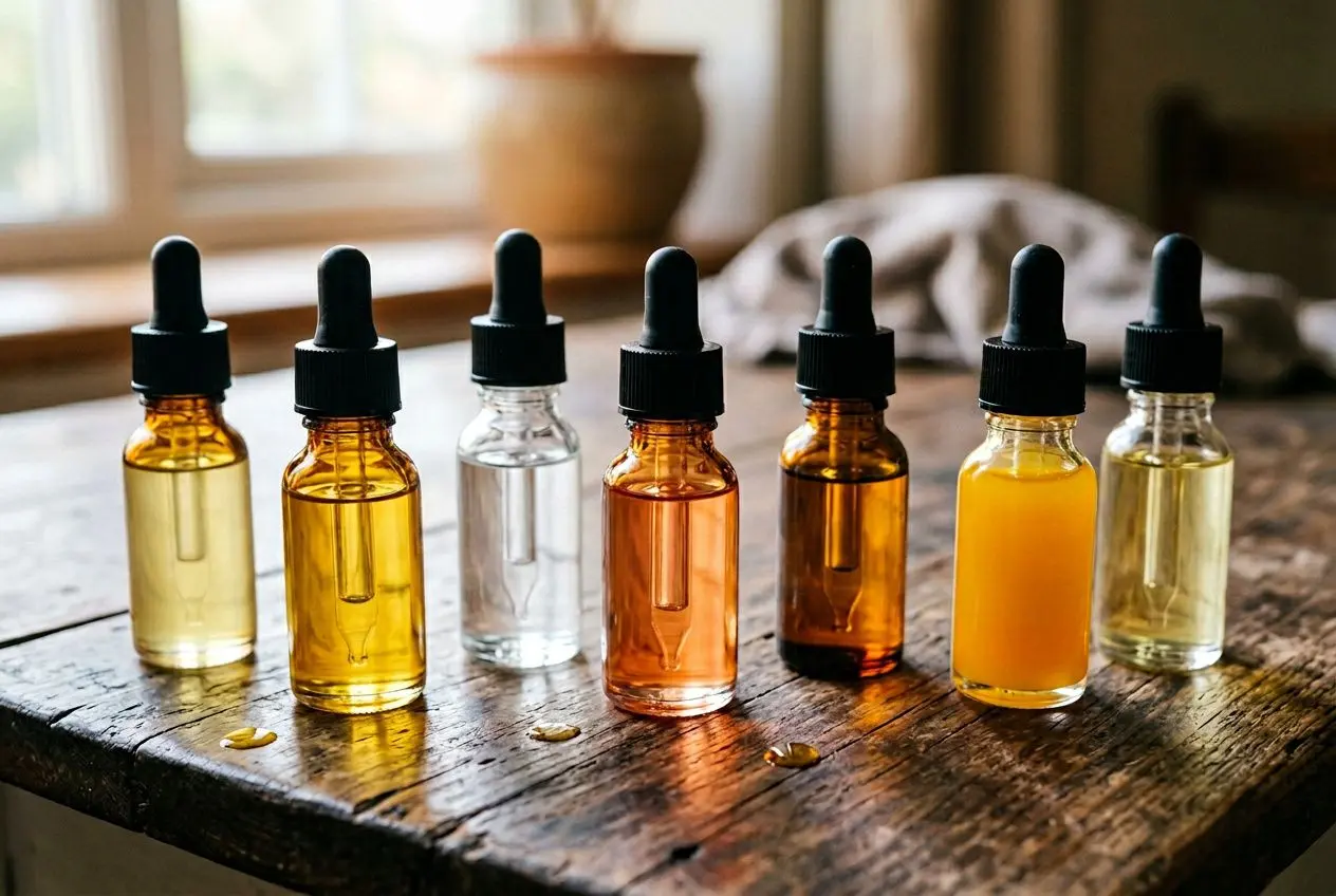 Huiles e-liquide en flacons avec compte-gouttes sur une table en bois, couleurs ambrées et transparentes. temps de maturation e-liquide obligatoire.