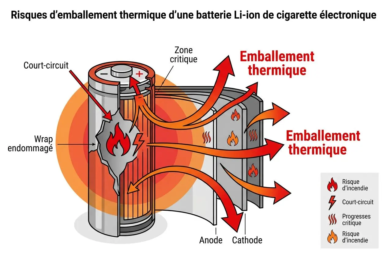Illustration d’emballement thermique d’une batterie Li‑ion de cigarette électronique montrant surchargé, zone critique et risques d’incendie.