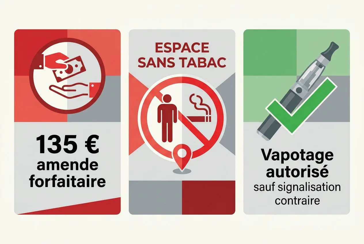 Illustration sur l’interdiction fumer lieu public france: panneau 3– éléments, amende 135 €; espace sans tabac; vapotage autorisé avec signalisation contraire.