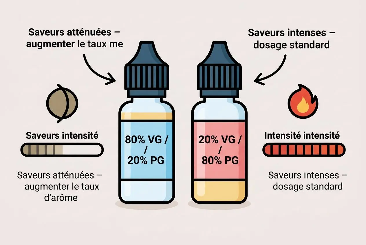 Illustration montrant deux flacons dosés en arômes diy avec pourcentages VG/PG et conseils sur le dosage arôme diy.
