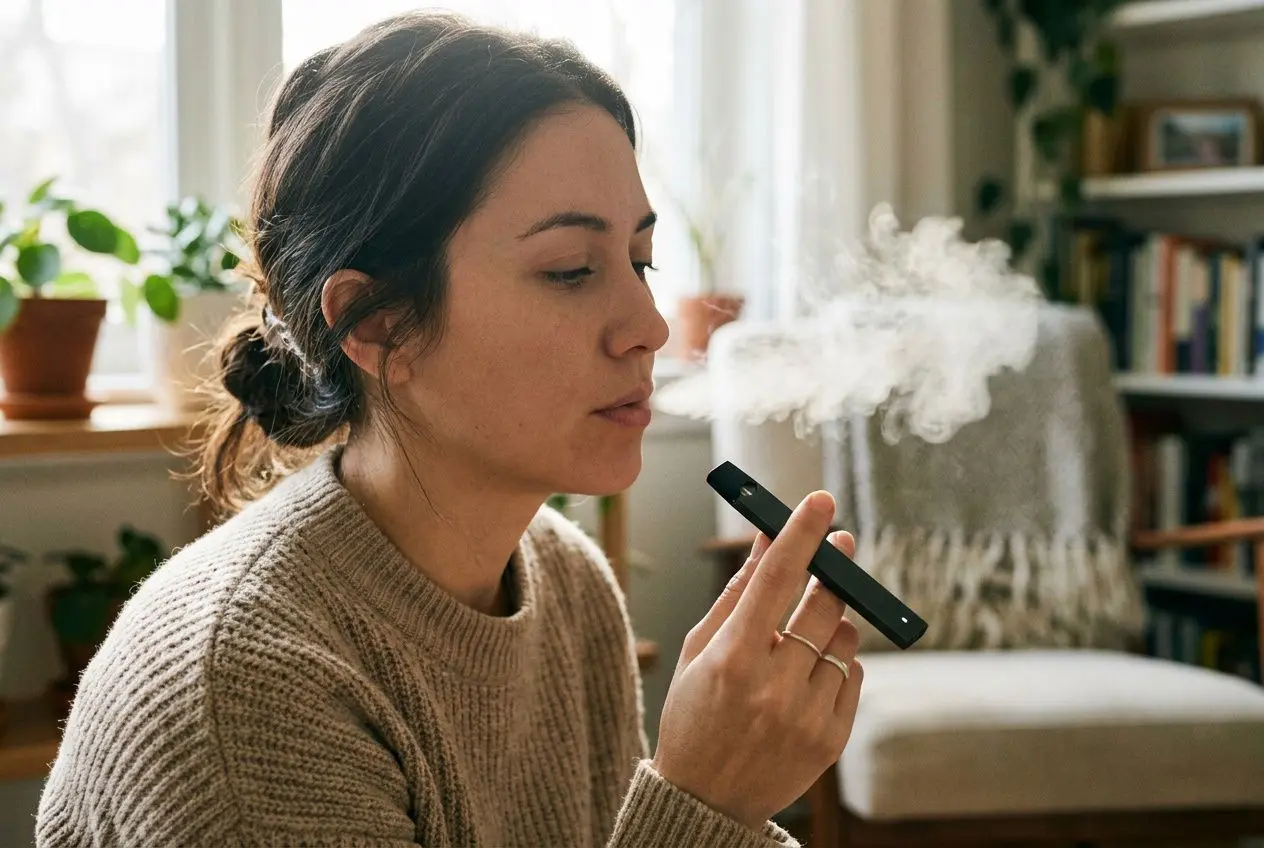 Jeune femme vapotant un e-liquide CBD, détente en cours à domicile avec vapeur légère. vapoter cbd effet constate relaxation et bien-être.