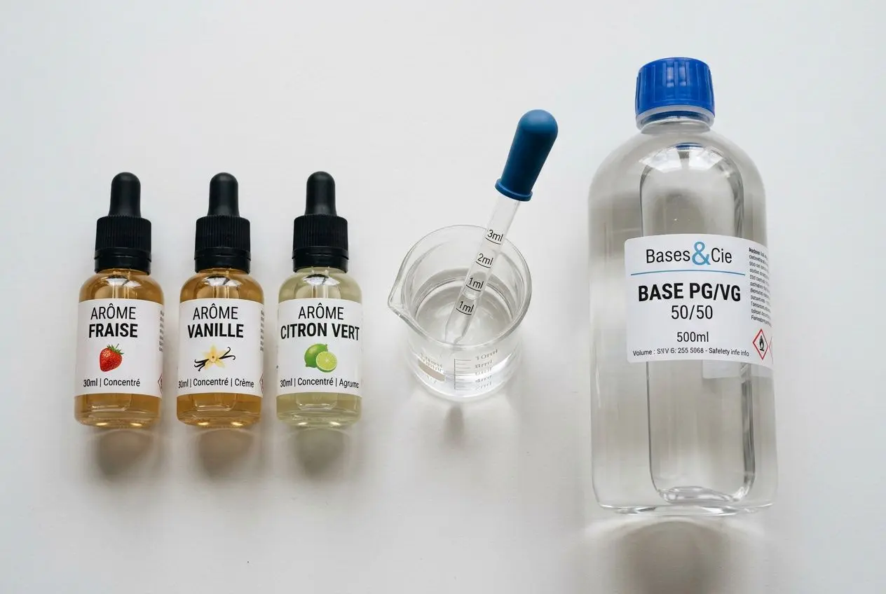 Liquide e-liquide et arômes: flacons de fruits (fraise, vanille, citron vert), cuillère drogue et fiole base PG/VG, prêt pour une recette diy e-liquide gourmand.