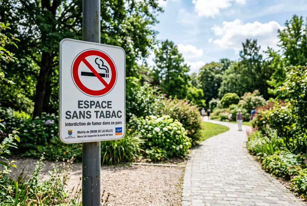Panneau “Espace sans tabac” indiquant interdiction de fumer dans ce parc, chemin pavé bordé de fleurs et d’arbres. interdiction fumer lieu public france.