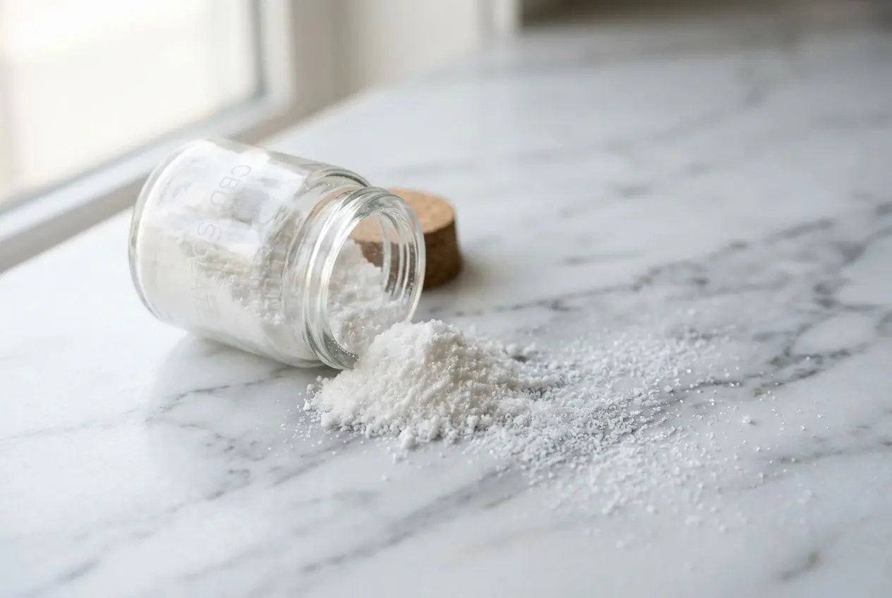 Poudre blanche d’isolat CBD écoulée d’un pot en verre sur une surface marbrée, prêtant à la manipulation et la cuisine. isolat cbd utilisation intégrée naturellement.