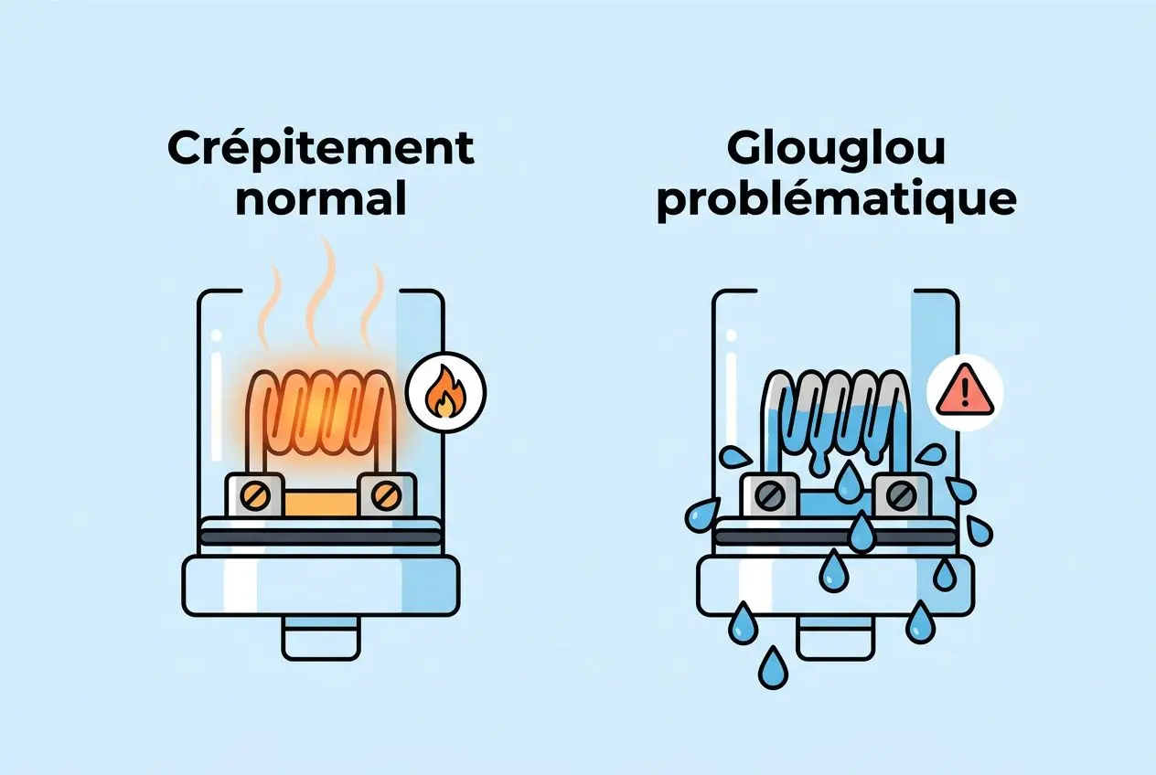 Pourquoi ma cigarette électronique fait glouglou : comparaison entre un crépissement normal et un glouglou problématique, avec indices de causes possibles.