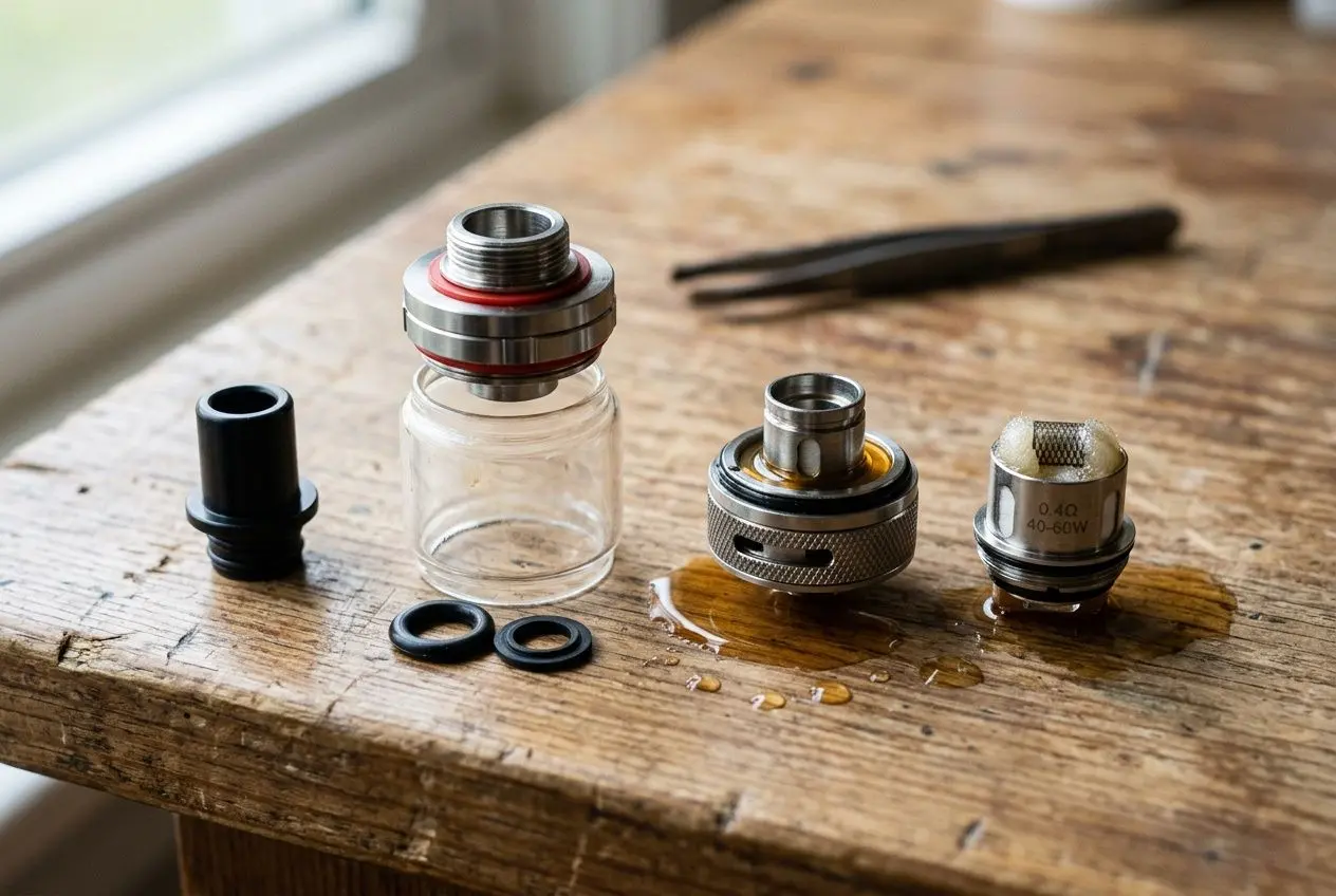 Pourquoi ma cigarette électronique fait glouglou : composants démontés et liquide autour sur un établi, vape en inspection des éléments.