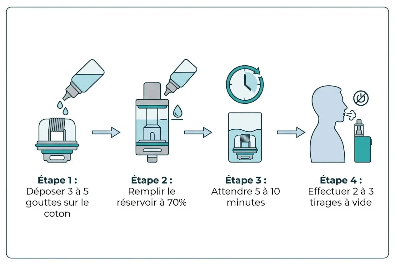 Processus d’utilisation d’un réservoir d’e-cigarette: déposer 3 à 5 gouttes sur le coton, remplir à 70%, attendre 5–10 minutes, puis tirer à vide.