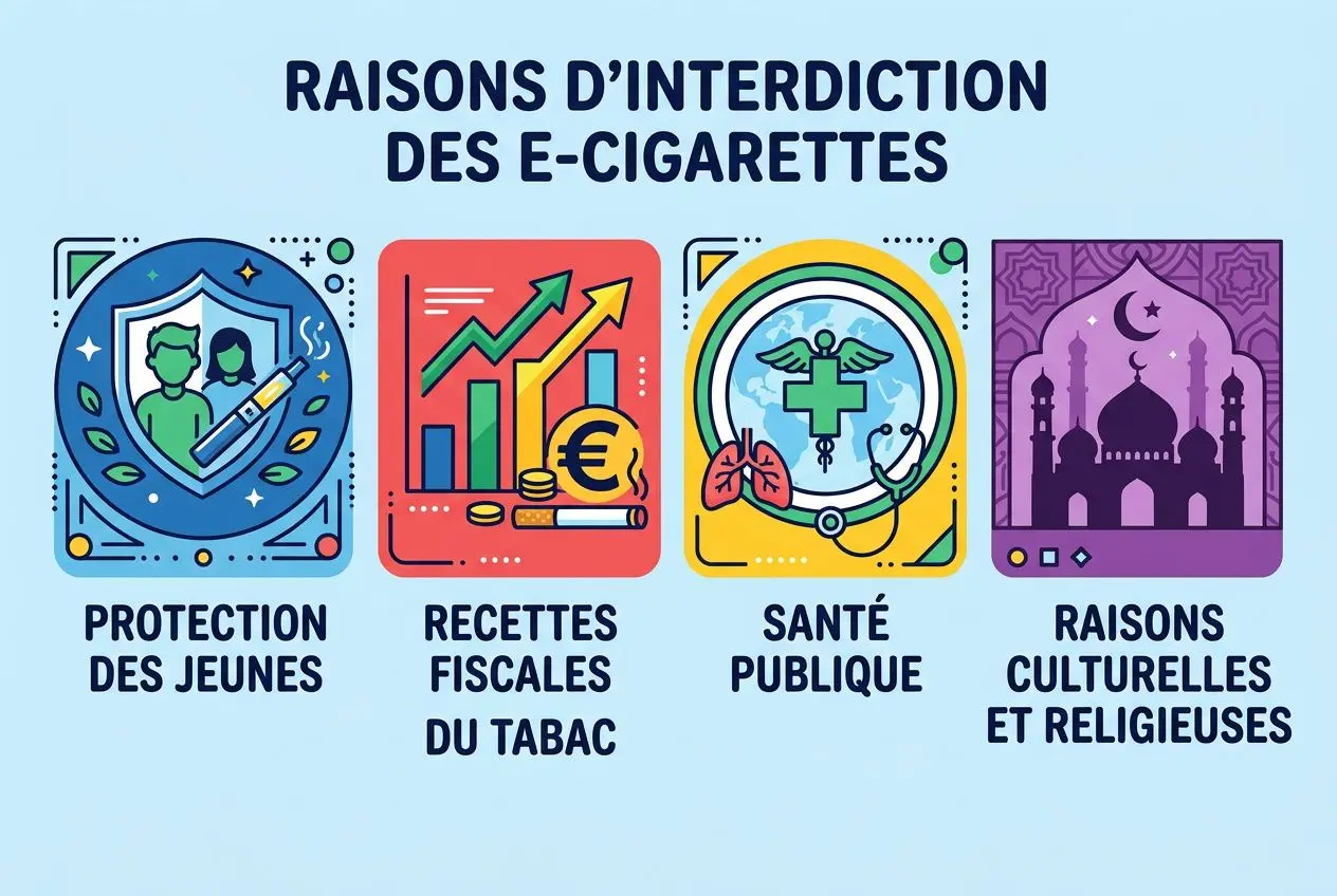 RAISONS D’INTERDICTION DES E-CIGARETTES: illustration couleur montrant protection des jeunes, recettes fiscales du tabac, santé publique et raisons culturelles et religieuses. Inclut le titre “Raisons d’interdiction des e-cigarettes” et quatre icônes illustratives.