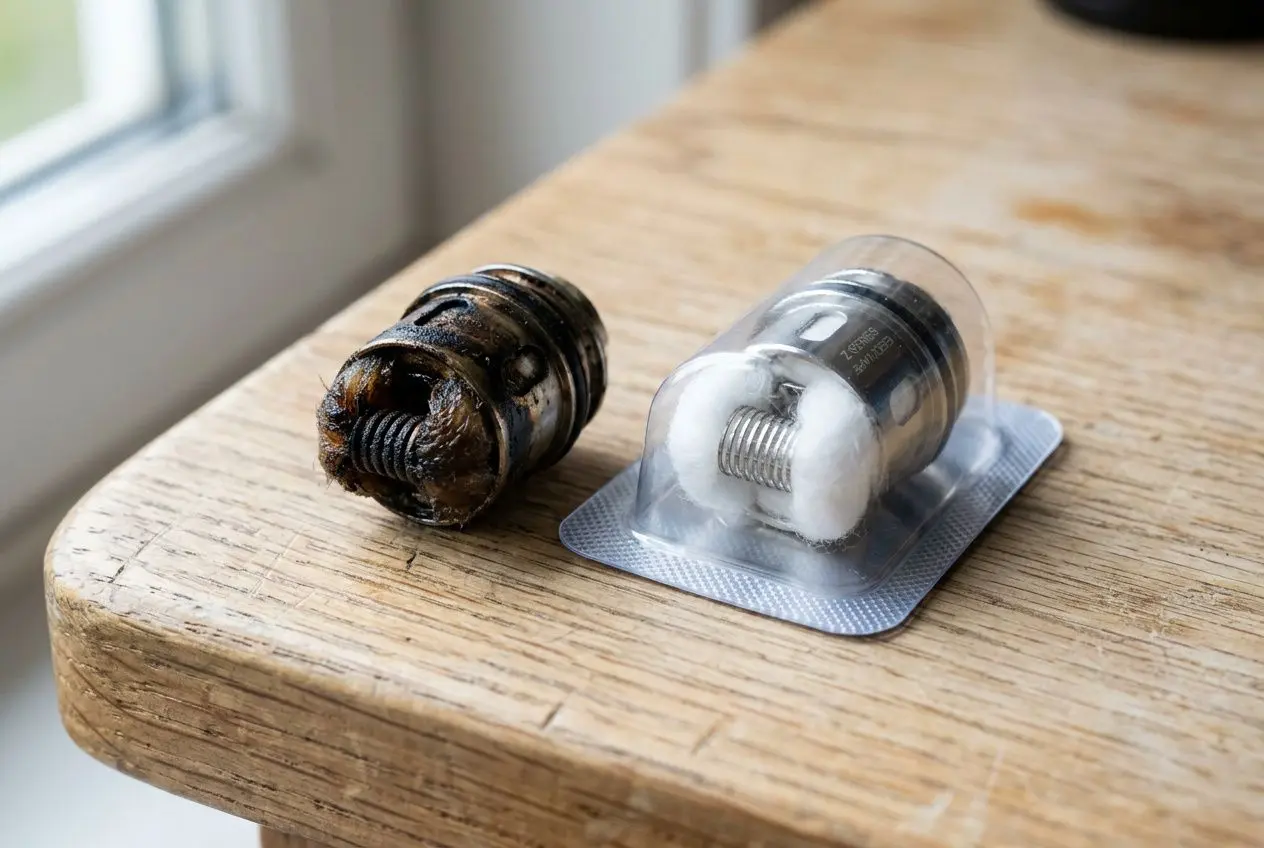 Résistance de cigarette électronique usée et résiduelle sur le côté, avec une résistance neuve prête à être installée. Quand changer sa résistance cigarette électronique selon l’usure et le goût.