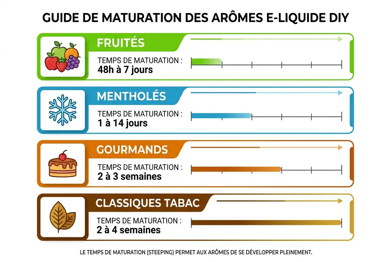Temps de maturation e-liquide obligatoire : tableau illustrant les temps recommandés par arôme (fruits, mentholés, gourmands, classiques).