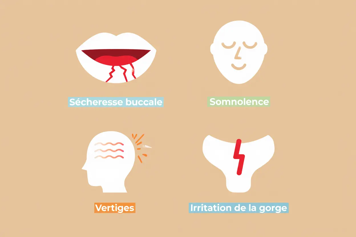 Vape: symptômes possibles du cbd effet sous forme d’infographie, bouche sèche, somnolence, vertiges et irritation de la gorge.