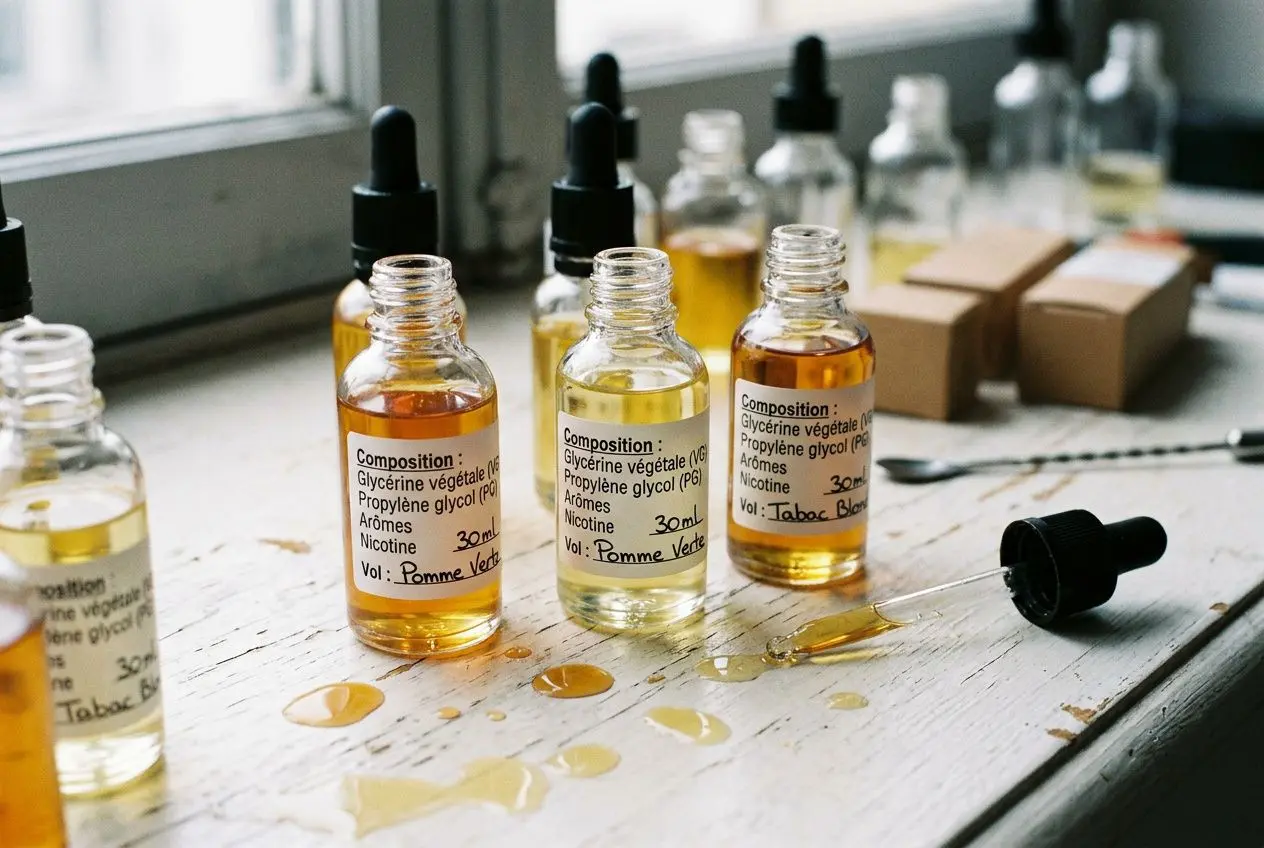 Bouteilles d’e-liquide vides sur une table, avec pipettes et étiquettes indiquant une composition végétale, arômes et nicotine.