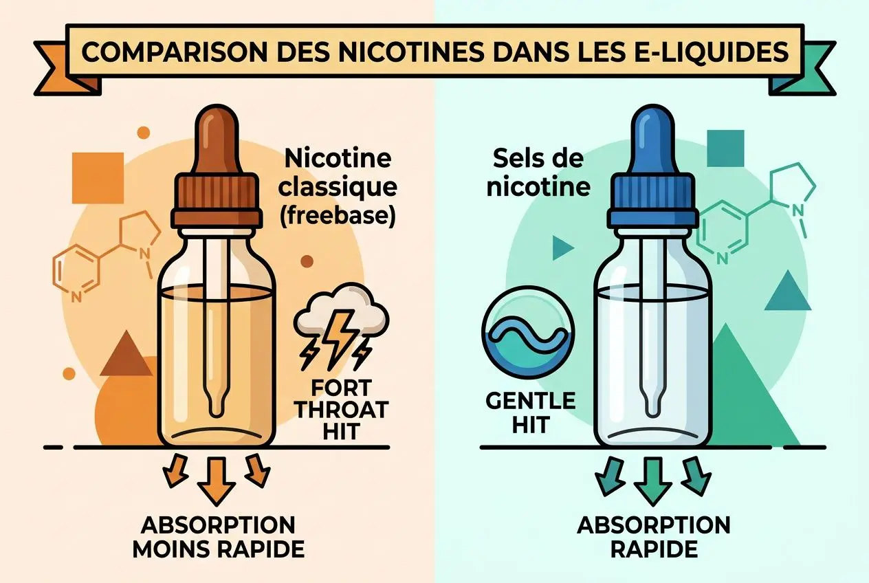 Comparaison des nicotine dans les e-liquides: flacon anatomie et absorption rapide, avec sels de nicotine et arômes autorisés, dans un style pédagogique.