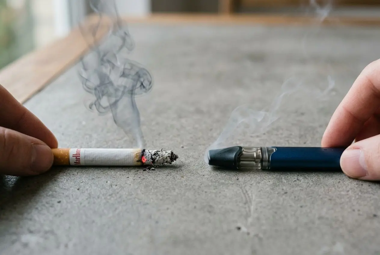 Deux objets rapprochés: une cigarette traditionnelle fumant près d’un briquet électronique bleu, suggérant un contraste entre choix de fumeurs et vapoteurs. meilleur cigarette électronique pour gros fumeur.
