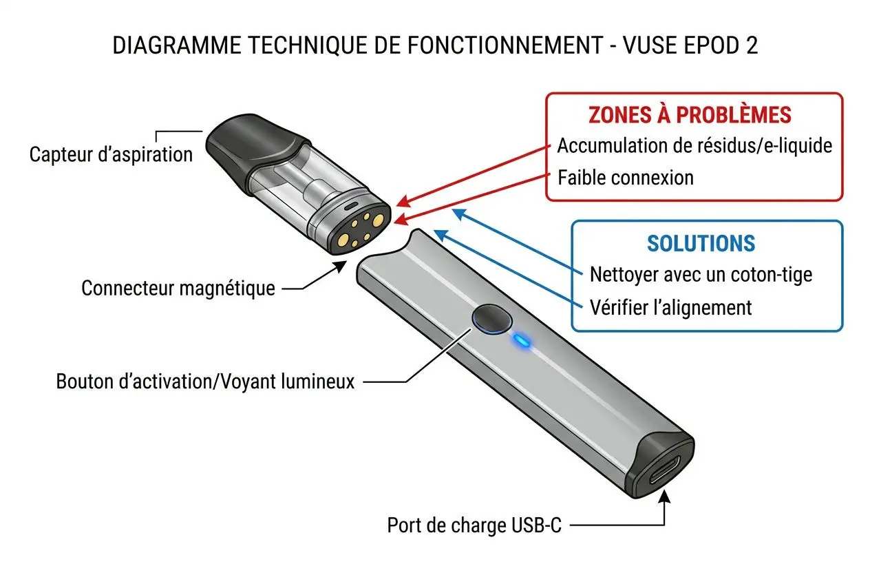 Direction d’utilisation: Diagramme technique de fonctionnement d’un Vuse EPOD 2 avec composants et zones à problèmes.