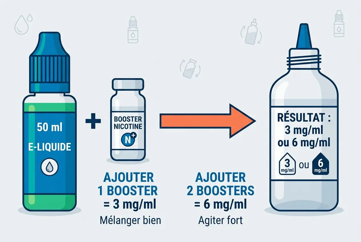 Flacon de 50 ml d’e-liquide à côté d’un flacon booster nicotine, révélant le calcul : 3 mg/ml ou 6 mg/ml selon les ajouts et agitation. en de temps dure 50ml e-liquide