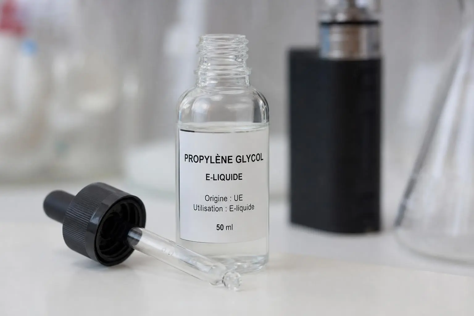 Flacon d’e-liquide au propylène glycol avec compte-gouttes, label “Propylène Glycol E-Liquide” et bouchon noir posé à côté.