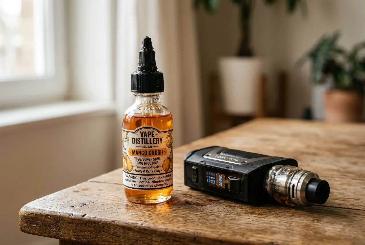 Flacon de e-liquide 50 ml Mango Crush à côté d’un vapoteur sur une table en bois, prêt à l’utilisation. en de temps dure 50ml e-liquide