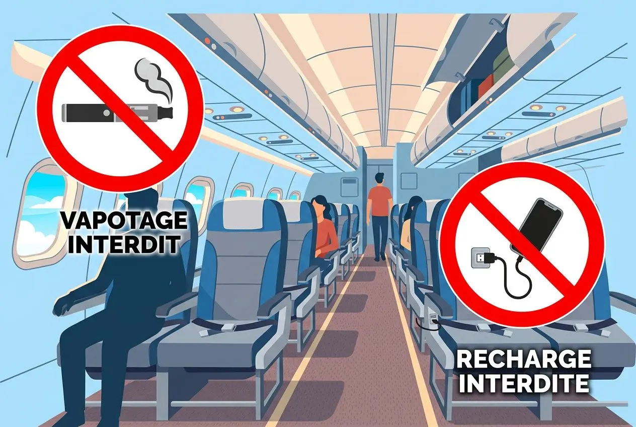 Illustration d’un avion en intérieur avec deux pictogrammes: « vapotage interdit » et « recharge interdite », suggérant la réglementation cigarette électronique avion et les règles en cabine.