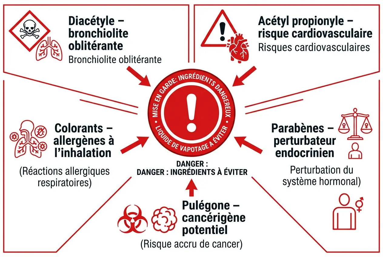 Illustration illustrant des dangers des ingrédients des vapeurs: pictogrammes et étiquettes avec avertissements comme “Diacétyle : bronchite oblitérante”, “Acétyl propionyle : risque cardiovasculaire”, “Colorants : allergènes à l’inhalation”, “Parabènes : perturbateur endocrinien”, “Puléogène : cancérogène potentiel”, et un centre rouge indiquant des instructions de sécurité.