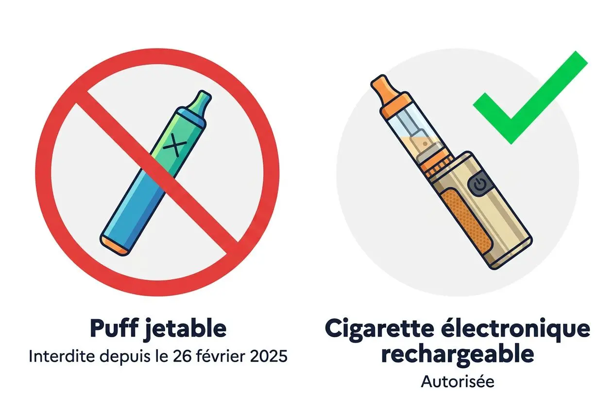 Illustration montrant un interdit Puff jetable sur fond rouge et une cigarette électronique rechargeable autorisée avec une coche verte.