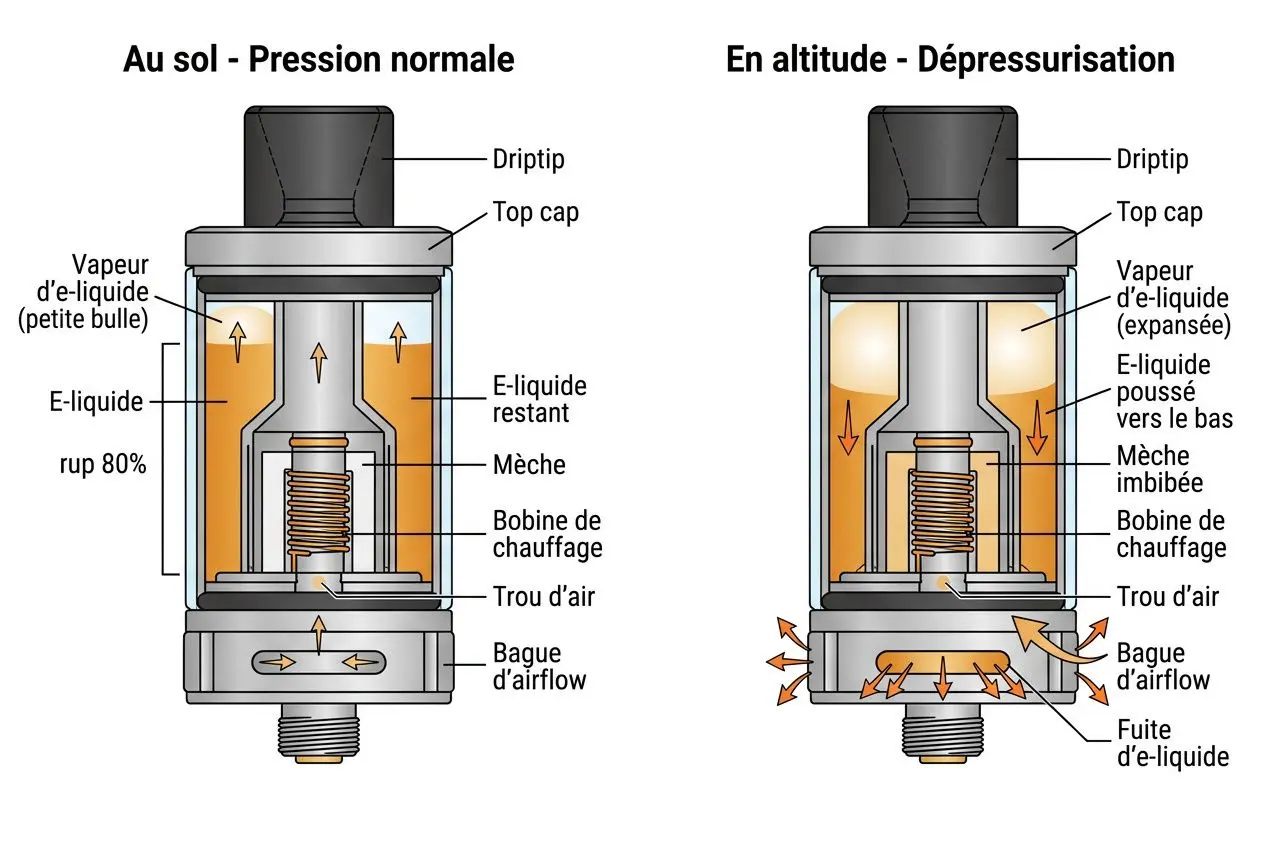 Illustration technique montrant une cartouche de cigarette électronique sous pression normale et en altitude, avec flux d’e-liquide et éléments internes étiquetés (top cap, driptip, vape d’e-liquide, mèche, bobine de chauffage, air, bouchon, fuite d’e-liquide). Inclut le texte: réglementation cigarette électronique avion.