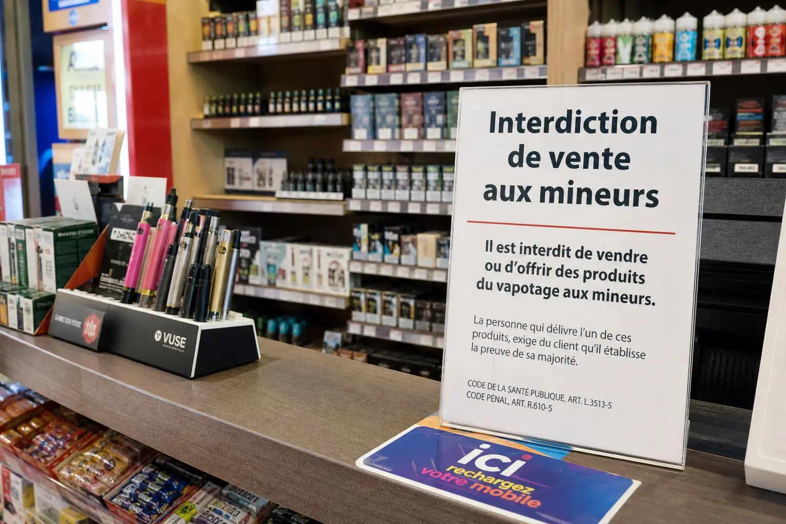 Interdiction de vente aux mineurs affichée en rayon, avec pancarte et produits vendus dans une vape shop. Vente puff mineur sanction évoquée.