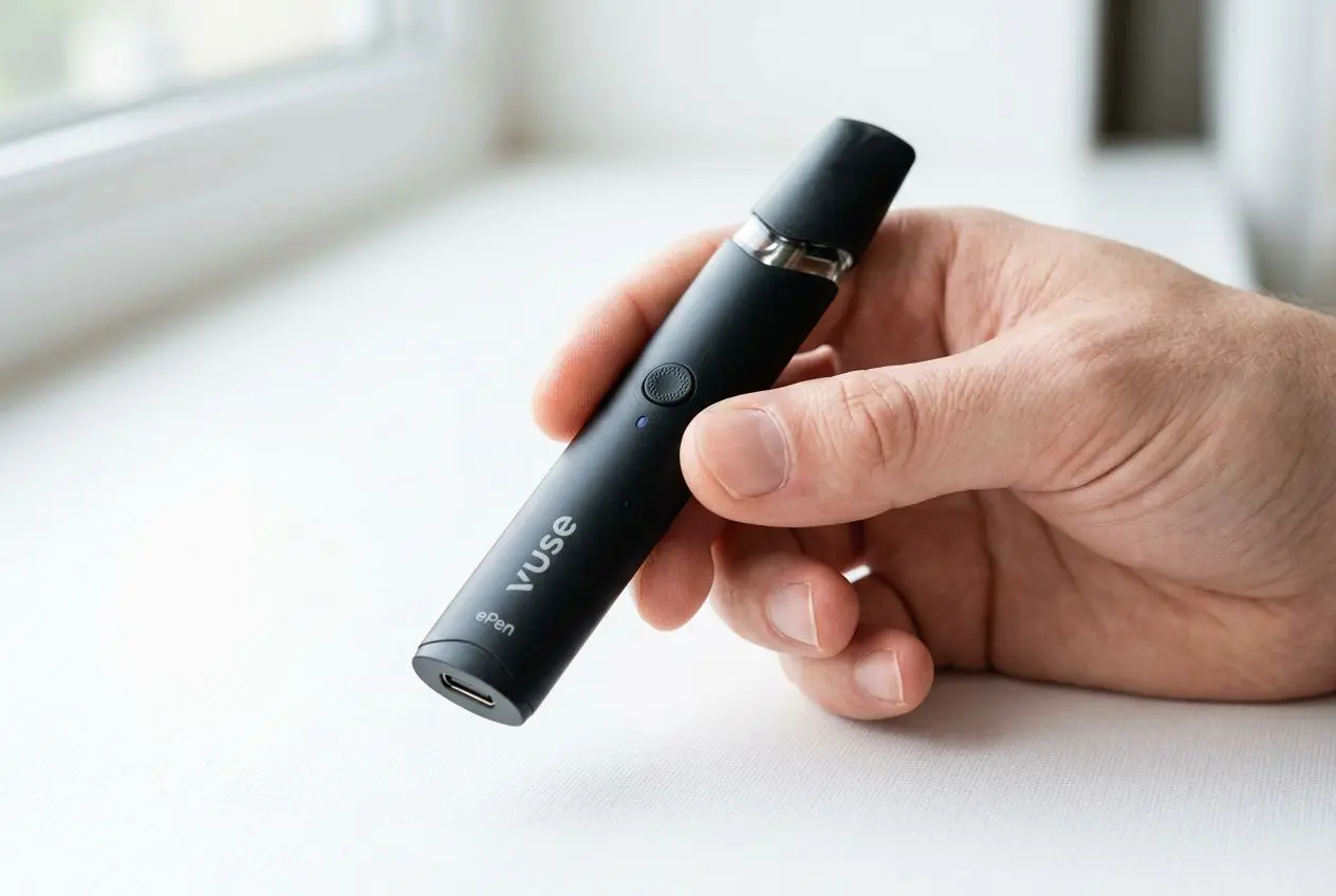 Manette Vuse en main prête à être utilisée, petit bouton et embout noir visibles, allusion à un manuel d’utilisation pour allumer une cigarette électronique Vuse.
