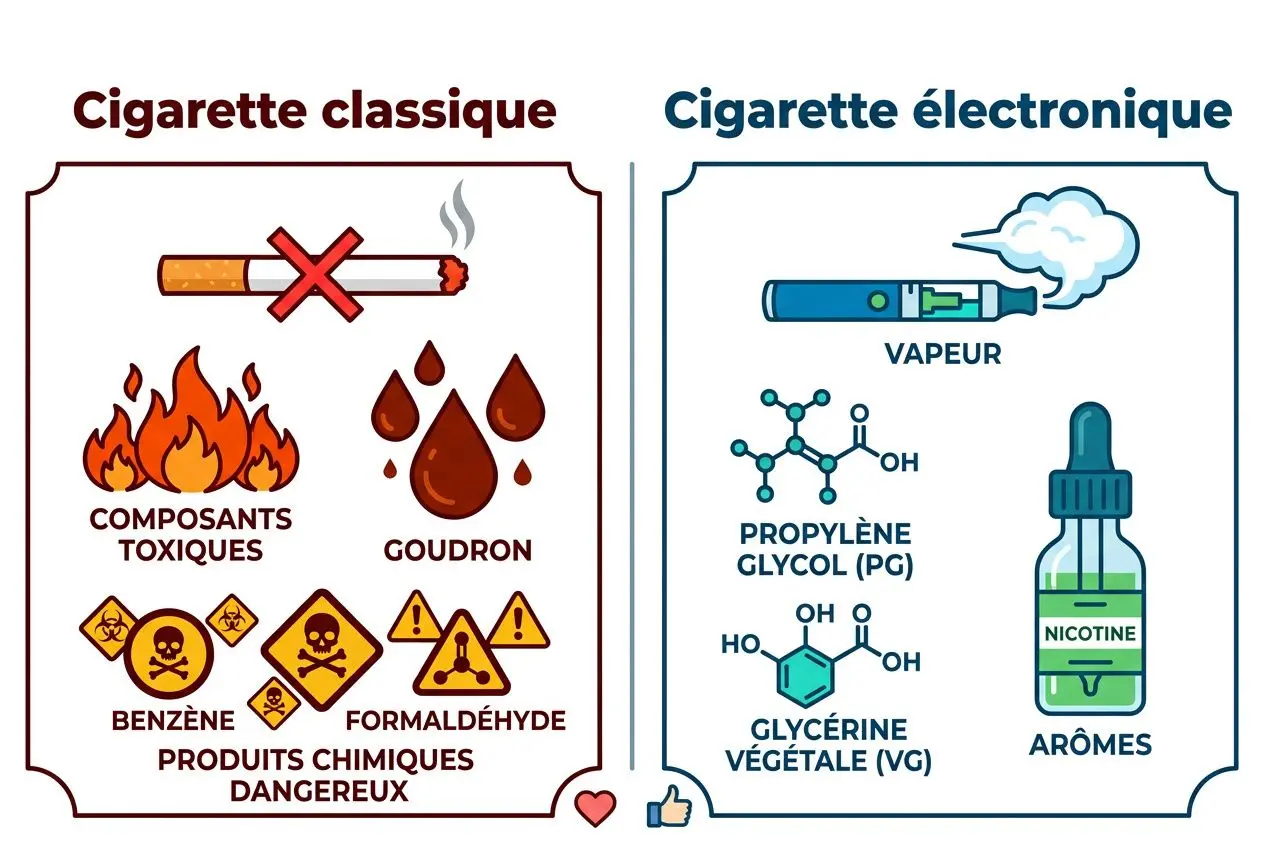 Meilleur cigarette électronique pour gros fumeur: comparaison visuelle entre cigarette classique et cigarette électronique, avec symboles de sécurité et composants chimiques.
