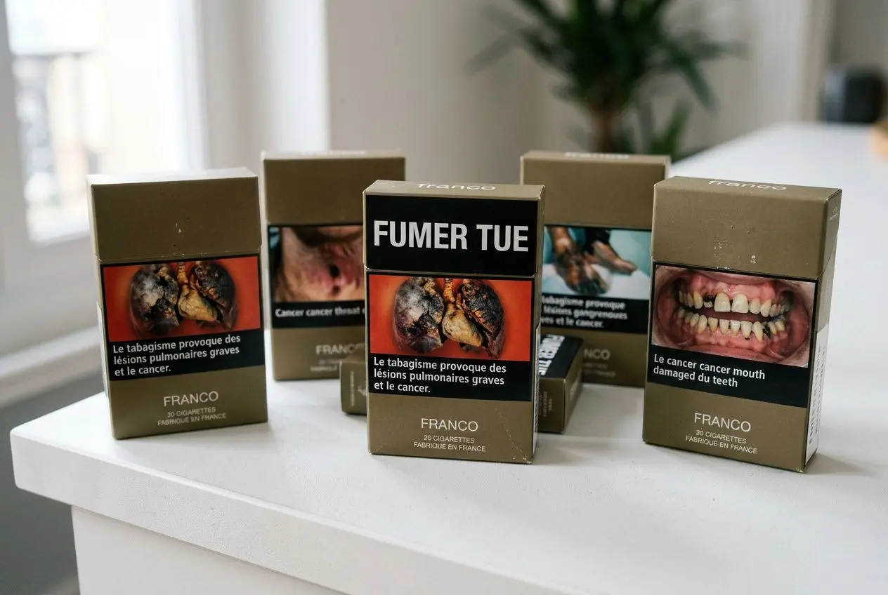 Paquets de cigarettes dans un emballage neutre tabac au design uniforme, affichant des avertissements sanitaires sur les faces frontales.