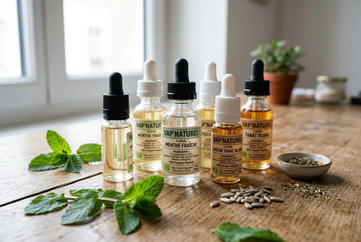 Petites bouteilles d’e-liquide avec compte-gouttes sur table en bois, feuilles de menthe et graines autour, ambiance lumineuse. meilleur e-liquide pour la santé intégrée naturellement.