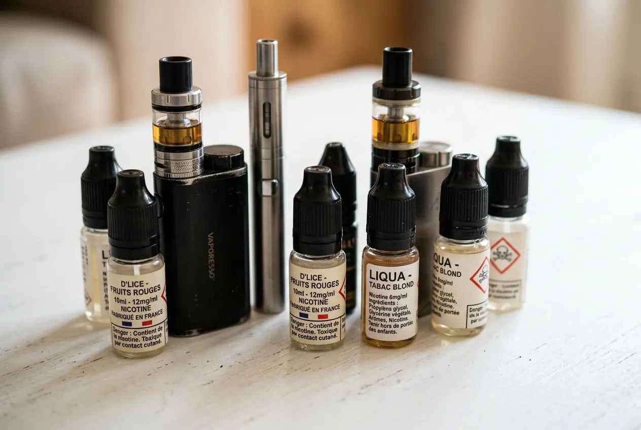 Plusieurs cotons électroniques et fioles de e-liquide sur une table, clavier et vapoteur au centre.