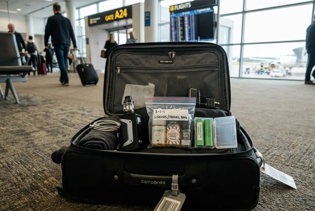 Sac de voyage ouvert sur un plancher d’aéroport, contenant des liquides et accessoires pour cigarette électronique prêt à être transportés.